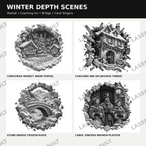 Op de afbeelding: Een collectie van vier zwart-wit winterdieptesc&egrave;nes getiteld Winter Depth Scenes, met een kerstmarkt sneeuwportaal, een koetshuis met versplinterd hout, een stenen brug over een bevroren rivier en kerstzangers in gebroken pleisterwerk.