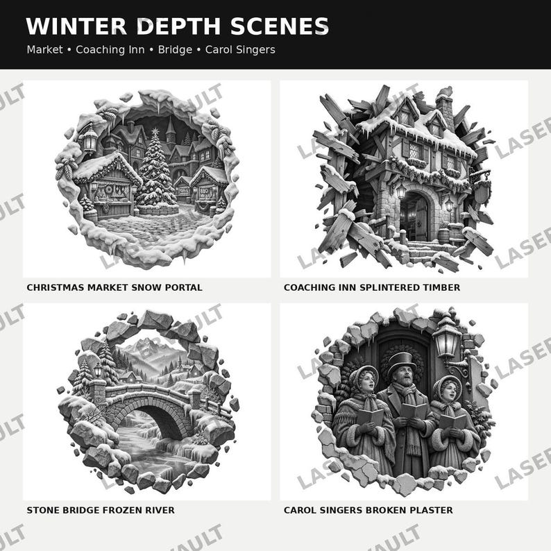 Op de afbeelding: Een collectie van vier zwart-wit winterdieptesc&egrave;nes getiteld Winter Depth Scenes, met een kerstmarkt sneeuwportaal, een koetshuis met versplinterd hout, een stenen brug over een bevroren rivier en kerstzangers in gebroken pleisterwerk.