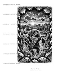 May include: A black and white graphic illustration featuring a Labrador retriever carrying a duck in its mouth. The scene includes a lake, mountains, and flying birds under a sunrise. The image is framed by a textured, honeycomb-like border.