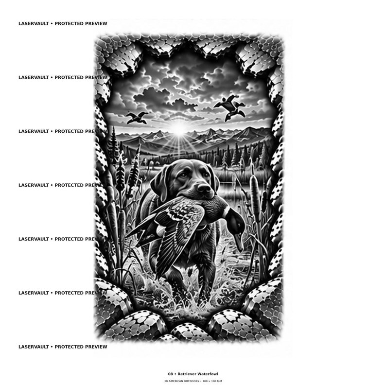 May include: A black and white graphic illustration featuring a Labrador retriever carrying a duck in its mouth. The scene includes a lake, mountains, and flying birds under a sunrise. The image is framed by a textured, honeycomb-like border.