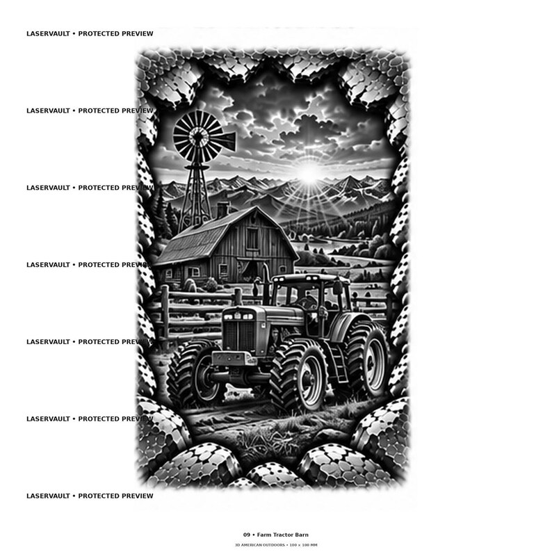 May include: A black and white graphic illustration featuring a farm tractor in the foreground, a barn, and a windmill. The background displays mountains under a sunburst sky. The entire scene is framed by a textured, stone-like border pattern.