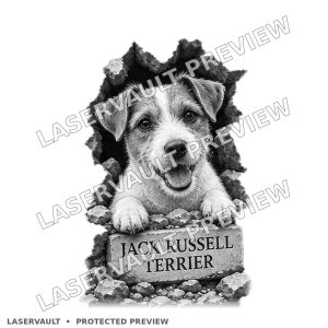 Puede incluir: Una ilustraci&oacute;n gr&aacute;fica en blanco y negro de un cachorro de Jack Russell Terrier asom&aacute;ndose por un agujero en un muro de piedra. El cachorro tiene una expresi&oacute;n alegre con la boca abierta. Debajo, un bloque de piedra muestra el texto JACK RUSSELL TERRIER.