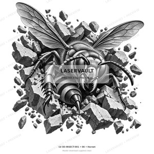 May include: A black and white graphic illustration of a hornet emerging from shattered stone fragments. The insect features detailed wings, segmented legs, and a stinger. The text LASERVAULT PROTECTED PREVIEW is centered over the hornet's head.