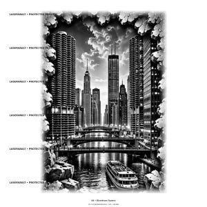 Pode incluir: Uma impress&atilde;o gr&aacute;fica em preto e branco intitulada 04 Riverfront Towers apresentando um horizonte urbano com arranha-c&eacute;us, um rio com pontes e um barco, emoldurada por uma borda irregular de pedra com o texto LASERVAULT PROTECTED PREVIEW.