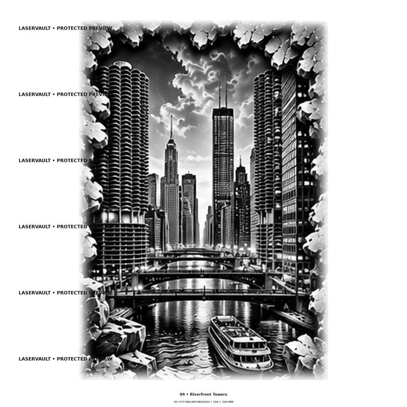 Pode incluir: Uma impress&atilde;o gr&aacute;fica em preto e branco intitulada 04 Riverfront Towers apresentando um horizonte urbano com arranha-c&eacute;us, um rio com pontes e um barco, emoldurada por uma borda irregular de pedra com o texto LASERVAULT PROTECTED PREVIEW.