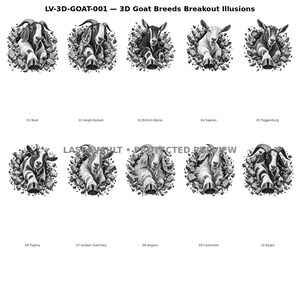 Op de afbeelding: Een verzameling van tien zwart-wit digitale illustraties getiteld LV-3D-GOAT-001 3D Goat Breeds Breakout Illusions. Elke afbeelding toont een ander geitenras dat uit een gebroken stenen muur tevoorschijn komt, met gedetailleerde vacht- en hoorntexturen.