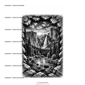 May include: A black and white digital illustration of Yosemite Valley Falls, featuring a waterfall cascading between granite cliffs, a pine forest, and a river in the foreground, framed by a textured, stone-like border with the text LASERVAULT.