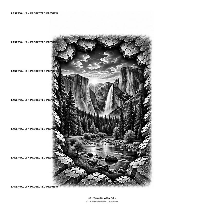 May include: A black and white digital illustration of Yosemite Valley Falls, featuring a waterfall cascading between granite cliffs, a pine forest, and a river in the foreground, framed by a textured, stone-like border with the text LASERVAULT.