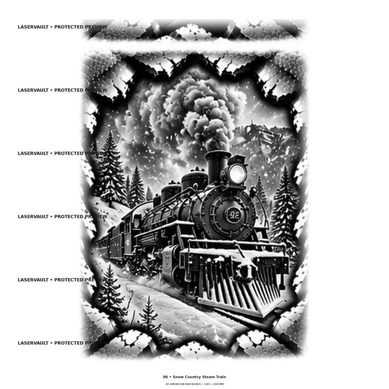 Op de afbeelding: Een zwart-witte digitale illustratie van een stoomtrein die door een besneeuwd landschap met dennenbomen en bergen rijdt. De trein stoot dikke rook uit de schoorsteen. De tekst LASERVAULT PROTECTED PREVIEW verschijnt herhaaldelijk.