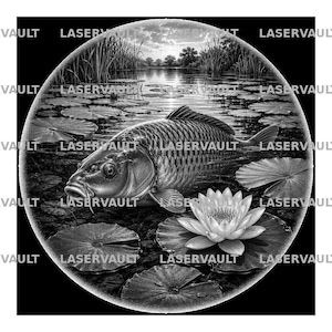 Puede incluir: Un gráfico circular en blanco y negro que muestra una carpa detallada nadando en un estanque lleno de nenúfares y un lirio de agua en flor. El fondo representa una escena de lago tranquilo con hierbas altas y un cielo al atardecer.