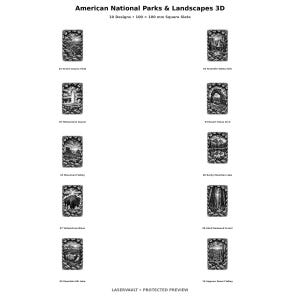May include: A collection of ten 100 x 100 mm square slate tiles featuring 3D engraved American National Parks and Landscapes. Designs include Grand Canyon, Yosemite Falls, Yellowstone Geyser, Desert Stone Arch, Monument Valley, Rocky Mountain Lake, Yellowstone Bison, Giant Redwood Forest, Mountain Elk Lake, and Saguaro Desert Valley.