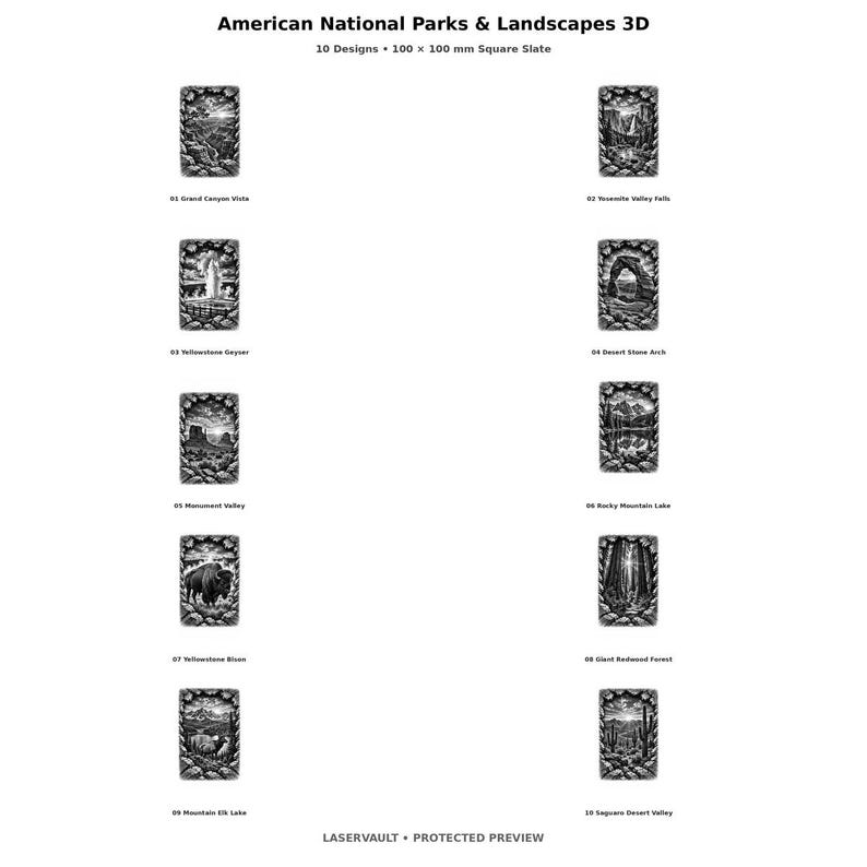 May include: A collection of ten 100 x 100 mm square slate tiles featuring 3D engraved American National Parks and Landscapes. Designs include Grand Canyon, Yosemite Falls, Yellowstone Geyser, Desert Stone Arch, Monument Valley, Rocky Mountain Lake, Yellowstone Bison, Giant Redwood Forest, Mountain Elk Lake, and Saguaro Desert Valley.