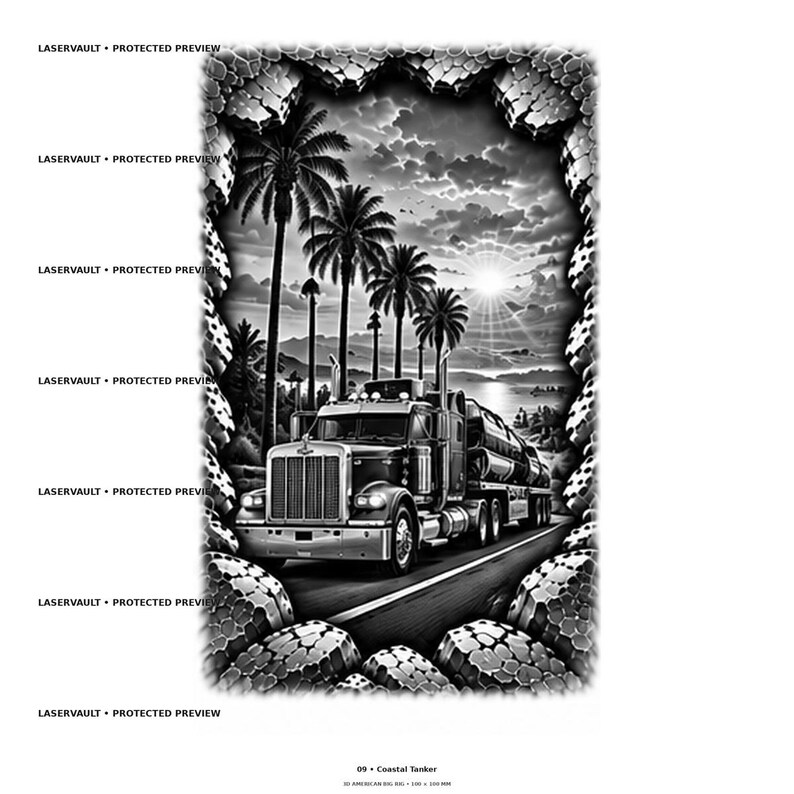 May include: A black and white graphic illustration of a semi-truck tanker driving on a road lined with palm trees under a bright sun. The scene is framed by a textured, cracked stone border. The text LASERVAULT PROTECTED PREVIEW appears repeatedly.
