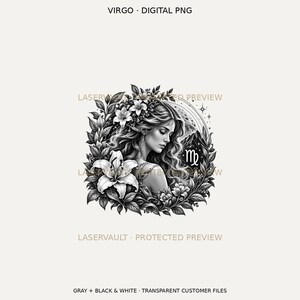 Puede incluir: Una ilustraci&oacute;n digital en blanco y negro de una mujer con cabello largo y ondulado adornado con flores, rodeada por un marco circular de hojas y lirios. El s&iacute;mbolo del zodiaco Virgo es visible, con el texto VIRGO DIGITAL PNG.