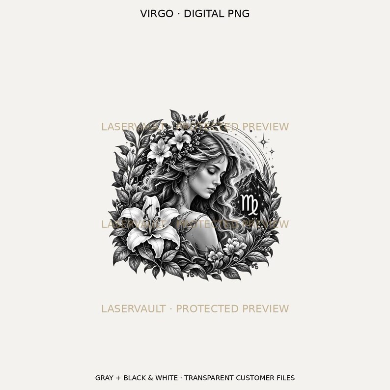 Puede incluir: Una ilustraci&oacute;n digital en blanco y negro de una mujer con cabello largo y ondulado adornado con flores, rodeada por un marco circular de hojas y lirios. El s&iacute;mbolo del zodiaco Virgo es visible, con el texto VIRGO DIGITAL PNG.