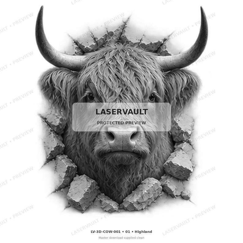 May include: A black and white graphic illustration of a Highland cow head with long curved horns emerging from a cracked stone wall. The image features the text LASERVAULT PROTECTED PREVIEW centered over the cow and LV-3D-COW-001 01 Highland below.