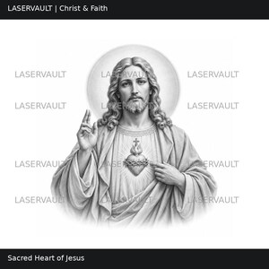 K&ouml;nnte beinhalten: Eine schwarz-wei&szlig;e Illustration von Jesus mit langem Haar und Bart, bekleidet mit Gew&auml;ndern, eine Hand zum Segen erhoben und die andere auf ein flammendes Heiligstes Herz mit Dornenkrone zeigend, mit Heiligenschein und dem Text LASERVAULT.