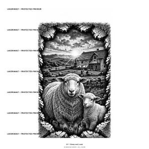 Puede incluir: Una ilustraci&oacute;n digital en blanco y negro que muestra una oveja y un cordero en primer plano, con un paisaje rural que incluye una granja, muros de piedra y un amanecer al fondo, enmarcado por un borde texturizado con el texto LASERVAULT PROTECTED PREVIEW.