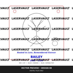 Op de afbeelding: Een vierkant vectorontwerpbestand met een centrale ovaal met een boomsilhouet, een pootafdruk en de tekst Rooted in Love, Remembered Forever, BAILEY en 2012-2026. Het ontwerp bevat rode snijlijnen, zwarte graveerlijnen en blauwe bewerkbare tekst.