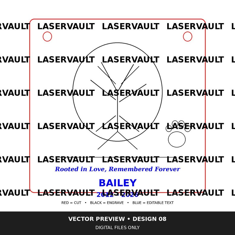 Op de afbeelding: Een vierkant vectorontwerpbestand met een centrale ovaal met een boomsilhouet, een pootafdruk en de tekst Rooted in Love, Remembered Forever, BAILEY en 2012-2026. Het ontwerp bevat rode snijlijnen, zwarte graveerlijnen en blauwe bewerkbare tekst.