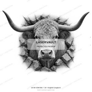 May include: A black and white graphic illustration of a longhorn cow head emerging through a shattered brick wall. The design features detailed shading and texture on the animal's face and horns, with the text LASERVAULT PROTECTED PREVIEW centered.