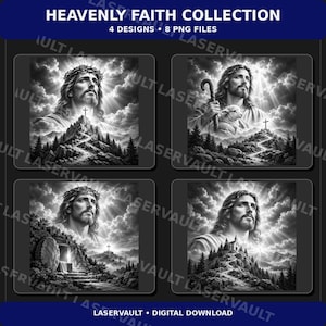 Puede incluir: Una colección digital titulada HEAVENLY FAITH COLLECTION que incluye 4 diseños y 8 archivos PNG. Las ilustraciones en blanco y negro representan escenas religiosas, incluyendo una figura con corona de espinas, un pastor con un cordero y montañas.