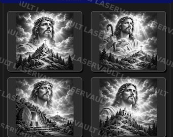 Könnte beinhalten: Eine digitale Sammlung mit dem Titel HEAVENLY FAITH COLLECTION, bestehend aus 4 Designs und 8 PNG-Dateien. Die schwarz-weißen Illustrationen zeigen religiöse Szenen, darunter eine Figur mit Dornenkrone, einen Hirten mit Lamm und Berglandschaften.