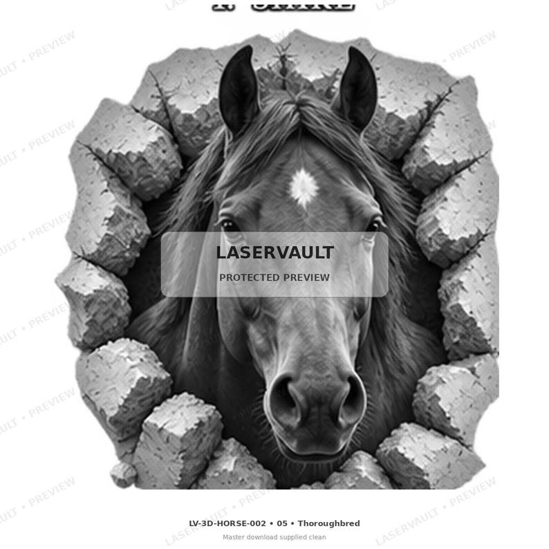 May include: A black and white graphic illustration of a horse head emerging from a broken stone wall. The horse features a white star marking on its forehead. The text LASERVAULT PROTECTED PREVIEW is centred over the horse, with LV-3D-HORSE-002 at the bottom.