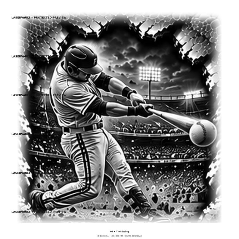 May include: A black and white digital illustration of a baseball player swinging a bat at a ball. The player wears a helmet and uniform in a stadium setting with bright floodlights. The text LASERVAULT PROTECTED PREVIEW appears repeatedly.
