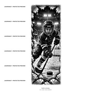 May include: A black and white digital illustration of a youth ice hockey player in full gear, including a helmet, jersey, and gloves, skating on ice with a hockey stick and puck. The background shows a stadium with bright lights. Text reads LASERVAULT.