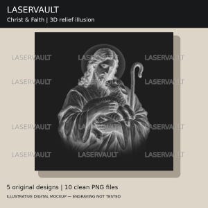 Puede incluir: Un gráfico digital con el texto LASERVAULT Christ & Faith | 3D relief illusion. La imagen central es una ilustración en escala de grises de una figura de pelo largo que sostiene un cordero y un cayado sobre un fondo oscuro.