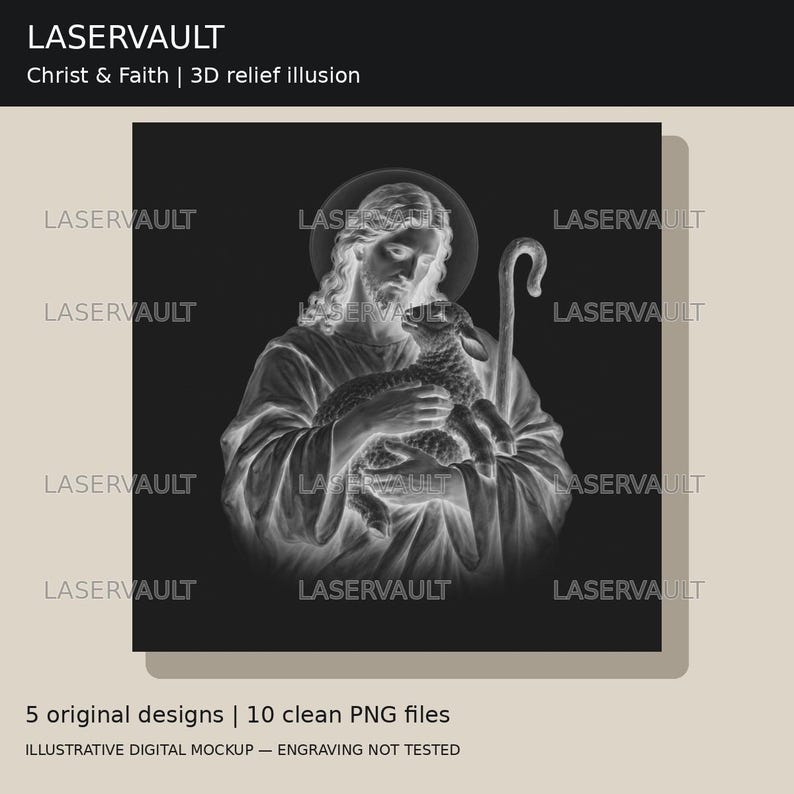 K&ouml;nnte beinhalten: Eine digitale Grafik mit dem Text LASERVAULT Christ & Faith | 3D relief illusion. Das zentrale Bild ist eine Graustufenillustration einer Figur mit langem Haar, die ein Lamm und einen Hirtenstab vor dunklem Hintergrund h&auml;lt.