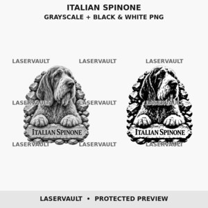 May include: A digital graphic featuring two versions of an Italian Spinone dog illustration, one in grayscale and one in black and white. Each dog is framed by a stone border with a plaque at the bottom reading ITALIAN SPINONE. Text LASERVAULT appears.