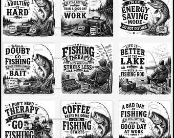 Op de afbeelding: Een verzameling van vijftien zwart-wit digitale grafische ontwerpen met vistenthema's, inclusief illustraties van vissen, hengels, viskoffers en humoristische teksten zoals Adulting Is Hard, Fishing Therapy en Life Is Better At The Lake.