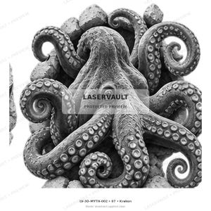 May include: A greyscale 3D relief sculpture of a kraken with multiple textured tentacles extending outwards, featuring prominent suction cups and a central mantle. The image includes the text LASERVAULT PROTECTED PREVIEW and LV-3D-MYTH-002 07 Kraken.