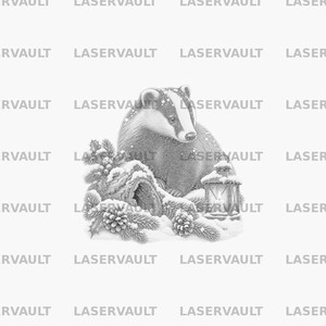 May include: A black and white pencil-style illustration of a badger sitting in snow next to a hollow log, pine branches, pinecones, and a lit lantern. The word LASERVAULT is repeated in a grid pattern across the background of the image.