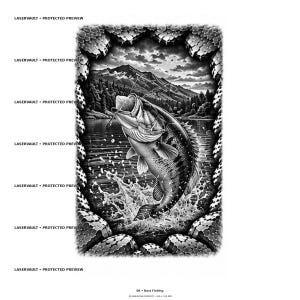 Puede incluir: Una ilustraci&oacute;n gr&aacute;fica en blanco y negro que muestra un pez lubina saltando fuera del agua con un paisaje monta&ntilde;oso de fondo. La escena est&aacute; enmarcada por un borde texturizado similar a la piedra. El texto LASERVAULT PROTECTED PREVIEW aparece.