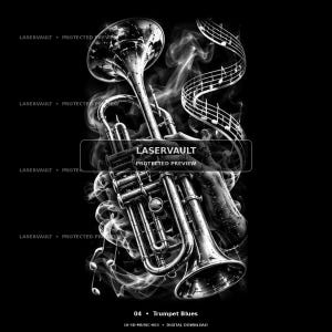 May include: A black and white graphic featuring a metallic trumpet surrounded by swirling smoke and musical notes on a staff. The text LASERVAULT PROTECTED PREVIEW is centred, with 04 Trumpet Blues LV-3D-MUSIC-003 DIGITAL DOWNLOAD at the bottom.