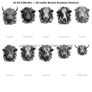 May include: A collection of ten black and white illustrations titled LV-3D-COW-001 3D Cattle Breeds Breakout Illusions. Each image depicts a different cattle breed head appearing to break through a stone wall, including Highland, Angus, and Hereford.