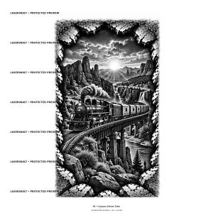 May include: A black and white graphic design featuring a steam train crossing a bridge over a canyon. The scene includes rocky cliffs, a river, and a sunburst in the sky. The text LASERVAULT PROTECTED PREVIEW and 05 Canyon Steam Train are visible.