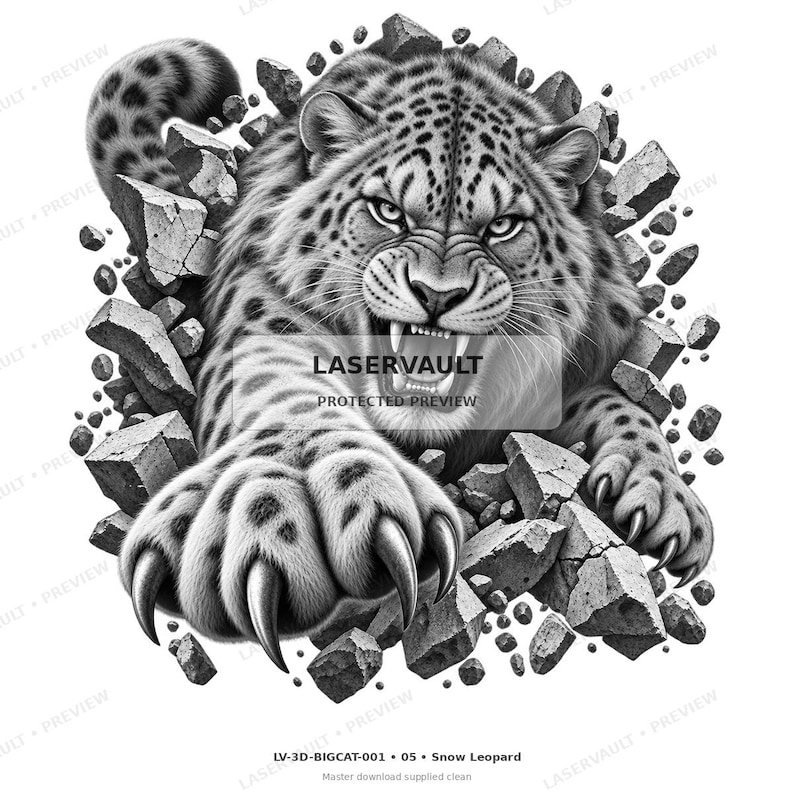 May include: A black and white graphic illustration of a snarling snow leopard breaking through a wall of stone debris. The leopard has sharp claws extended forward, detailed fur patterns, and visible fangs. The text LASERVAULT is centred.