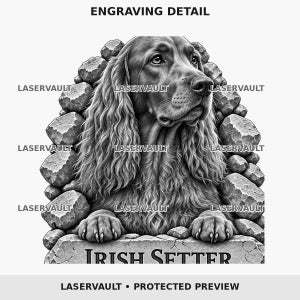 Pode incluir: Uma ilustra&ccedil;&atilde;o gr&aacute;fica a preto e branco de um setter irland&ecirc;s emoldurado por pedras empilhadas. O texto ENGRAVING DETAIL aparece no topo, IRISH SETTER na base e a marca de &aacute;gua LASERVAULT repete-se na imagem.