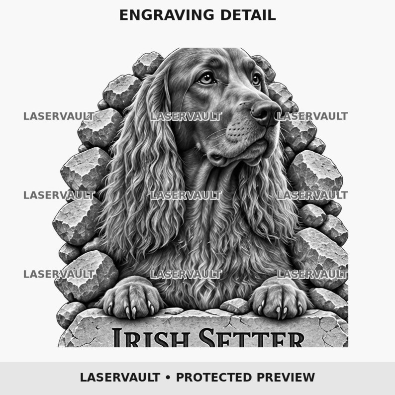 Pode incluir: Uma ilustra&ccedil;&atilde;o gr&aacute;fica a preto e branco de um setter irland&ecirc;s emoldurado por pedras empilhadas. O texto ENGRAVING DETAIL aparece no topo, IRISH SETTER na base e a marca de &aacute;gua LASERVAULT repete-se na imagem.