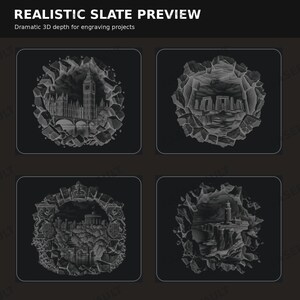 May include: A digital display titled REALISTIC SLATE PREVIEW featuring four grayscale circular engravings with 3D depth effects. The designs depict Big Ben, Stonehenge, a royal crest with a castle, and a lighthouse on a cliff, all set on dark backgrounds.