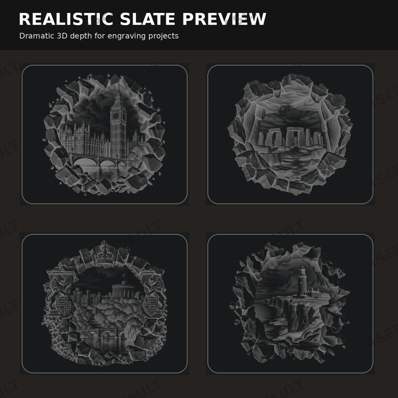 May include: A digital display titled REALISTIC SLATE PREVIEW featuring four grayscale circular engravings with 3D depth effects. The designs depict Big Ben, Stonehenge, a royal crest with a castle, and a lighthouse on a cliff, all set on dark backgrounds.