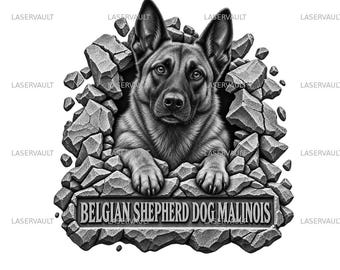 Op de afbeelding: Een zwart-witte grafische illustratie van een Belgische herder Mechelaar die uit een gebarsten stenen muur tevoorschijn komt. De hond is gecentreerd met zijn poten rustend op een stenen plaat met de tekst BELGIAN SHEPHERD DOG MALINOIS.