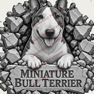 Pu&ograve; includere: Un'illustrazione grafica in bianco e nero di un cane Bull Terrier miniatura che emerge da un mucchio di blocchi di pietra rotti. Il cane ha un ampio sorriso e appoggia le zampe su una lastra di pietra incisa con il testo Miniature Bull Terrier.