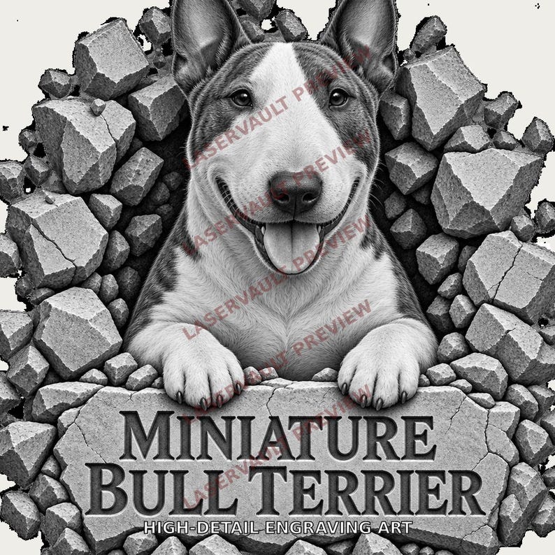Pu&ograve; includere: Un'illustrazione grafica in bianco e nero di un cane Bull Terrier miniatura che emerge da un mucchio di blocchi di pietra rotti. Il cane ha un ampio sorriso e appoggia le zampe su una lastra di pietra incisa con il testo Miniature Bull Terrier.