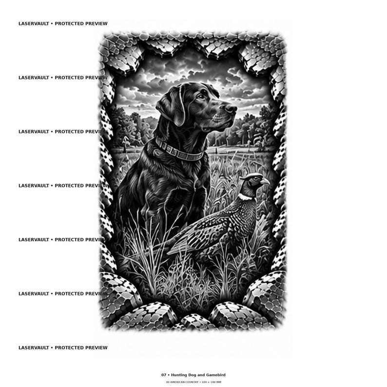 Puede incluir: Una ilustraci&oacute;n gr&aacute;fica en blanco y negro que muestra a un perro de caza sentado en un campo de hierba alta junto a una ave de caza. La escena est&aacute; enmarcada por un borde texturizado similar a la piedra. El texto LASERVAULT PROTECTED PREVIEW aparece.
