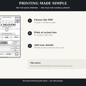 Peut inclure: Un ensemble de fichiers num&eacute;riques imprimables pr&eacute;sentant une &eacute;tiquette d'exp&eacute;dition North Pole Express Elf Delivery en noir et blanc. Le graphique inclut du texte, un code-barres et des marques postales. Instructions d'impression en 10 x 15 cm.